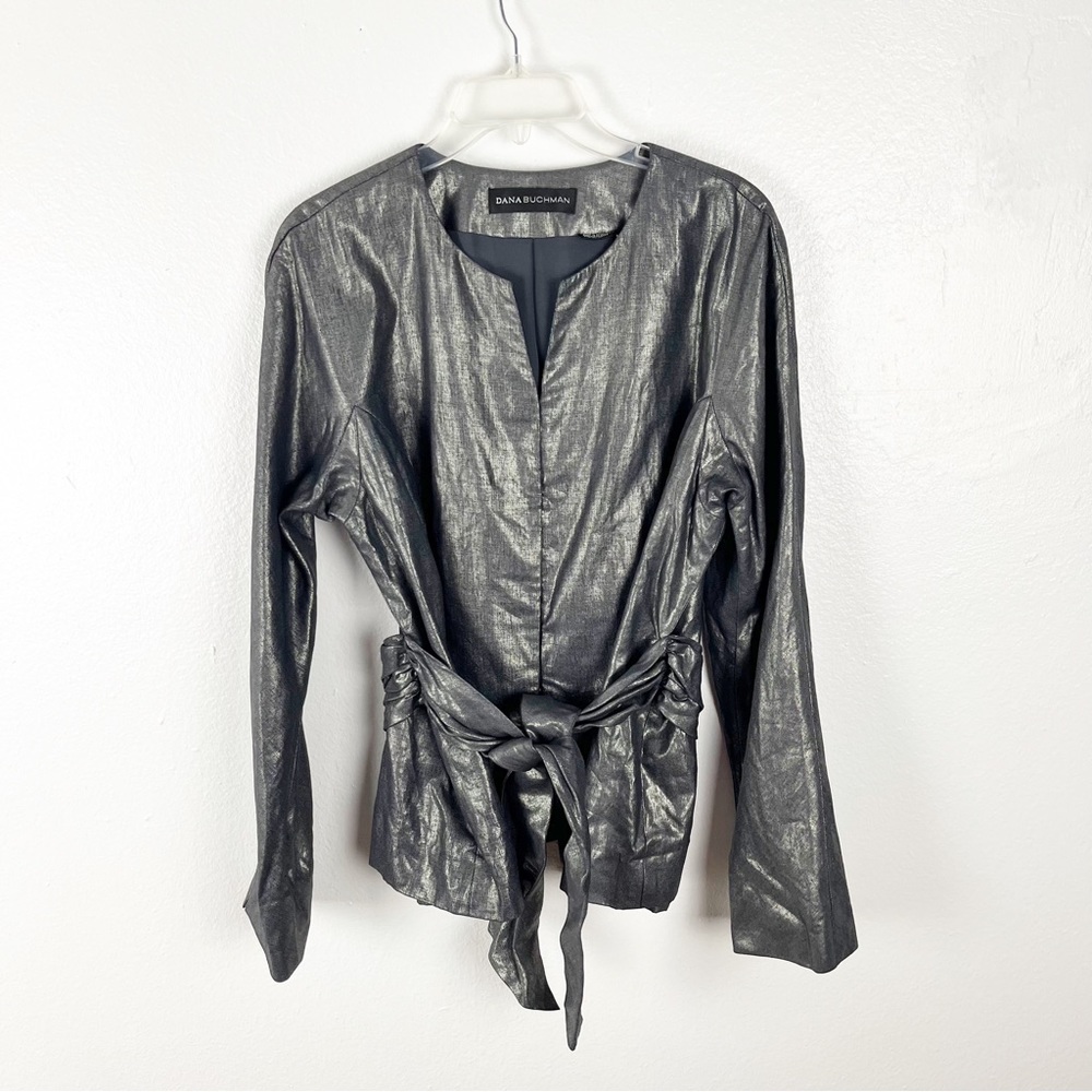 DANA BUCHMAN Metallic 100% Linen Silk Lining Belted Waist Blazer Jacket Size 14